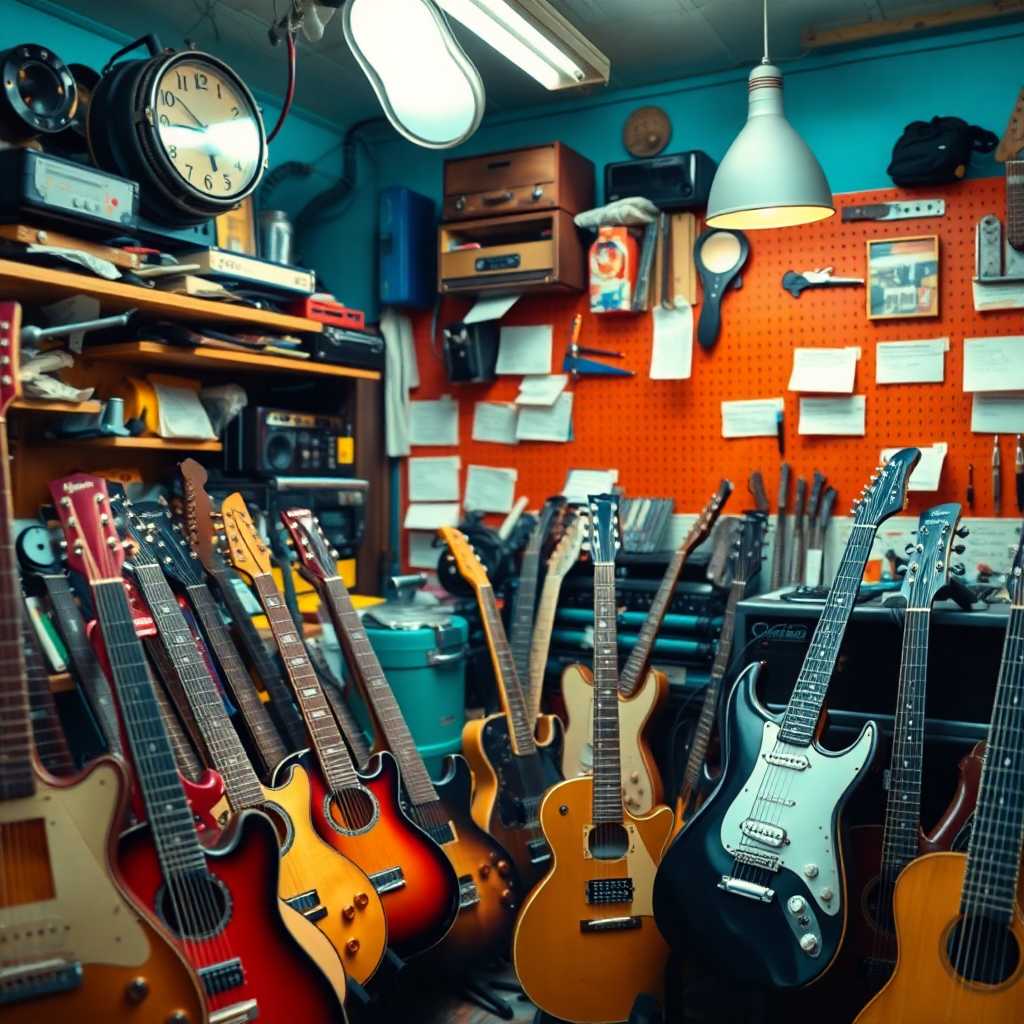A cluttered instrument repair shop filled with incoming texts