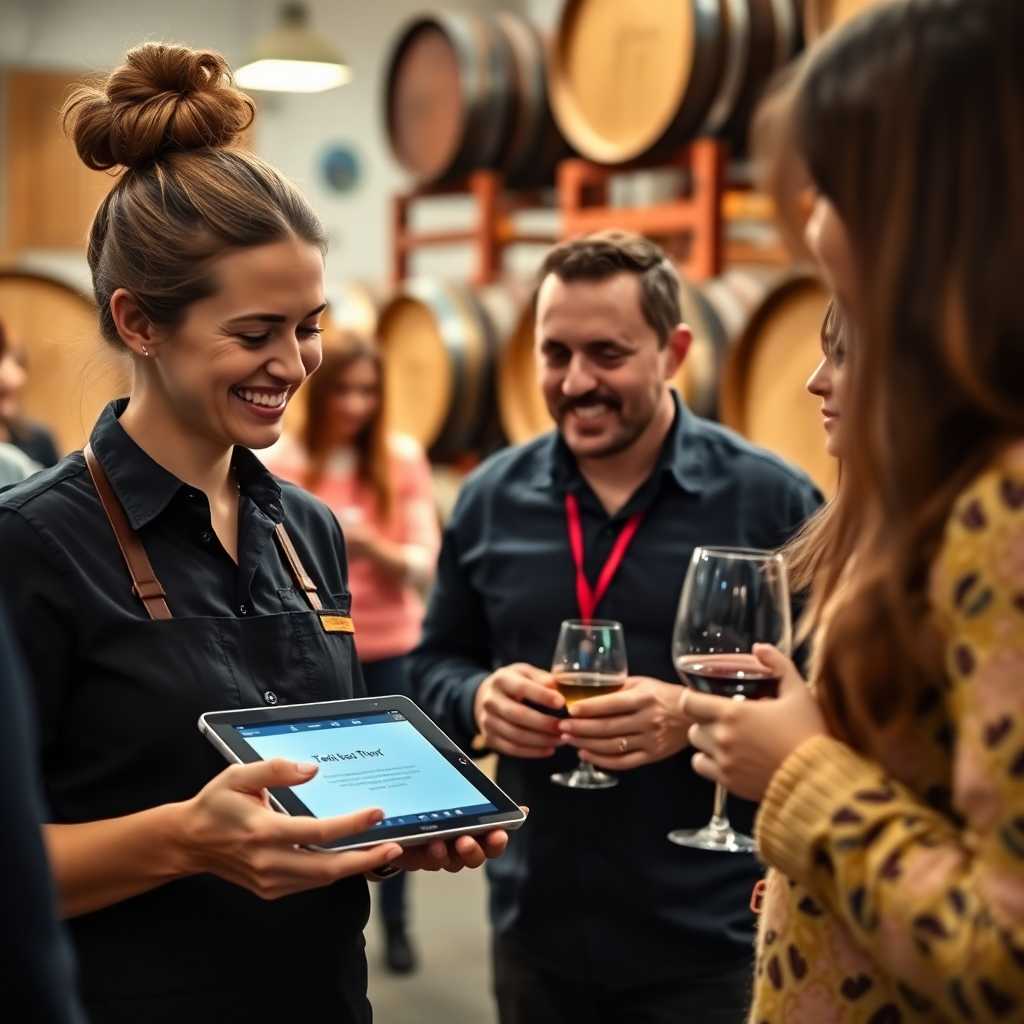 Winery staff smiling, interacting with guests while checking a tablet with the TextSupport interface.