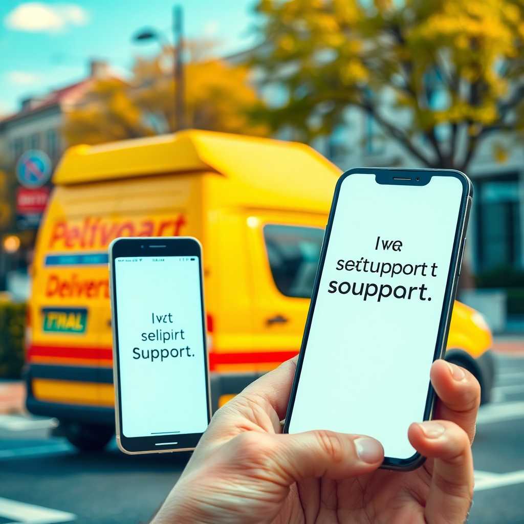 A delivery van next to a mobile phone displaying TextSupport interface.
