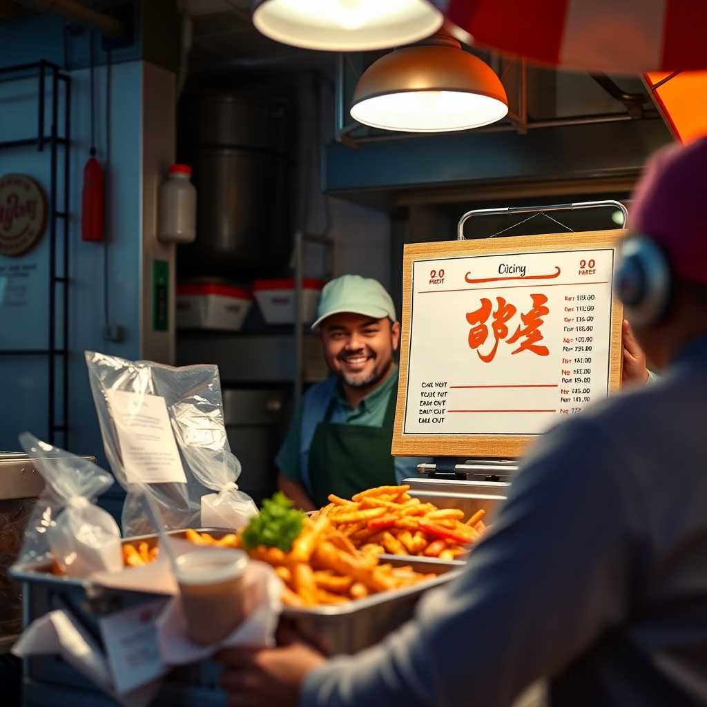 Seafood takeout order ready for delivery with a smiling chef in view