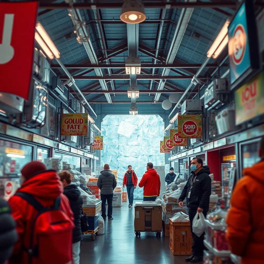 Interior view of a bustling ice delivery hub