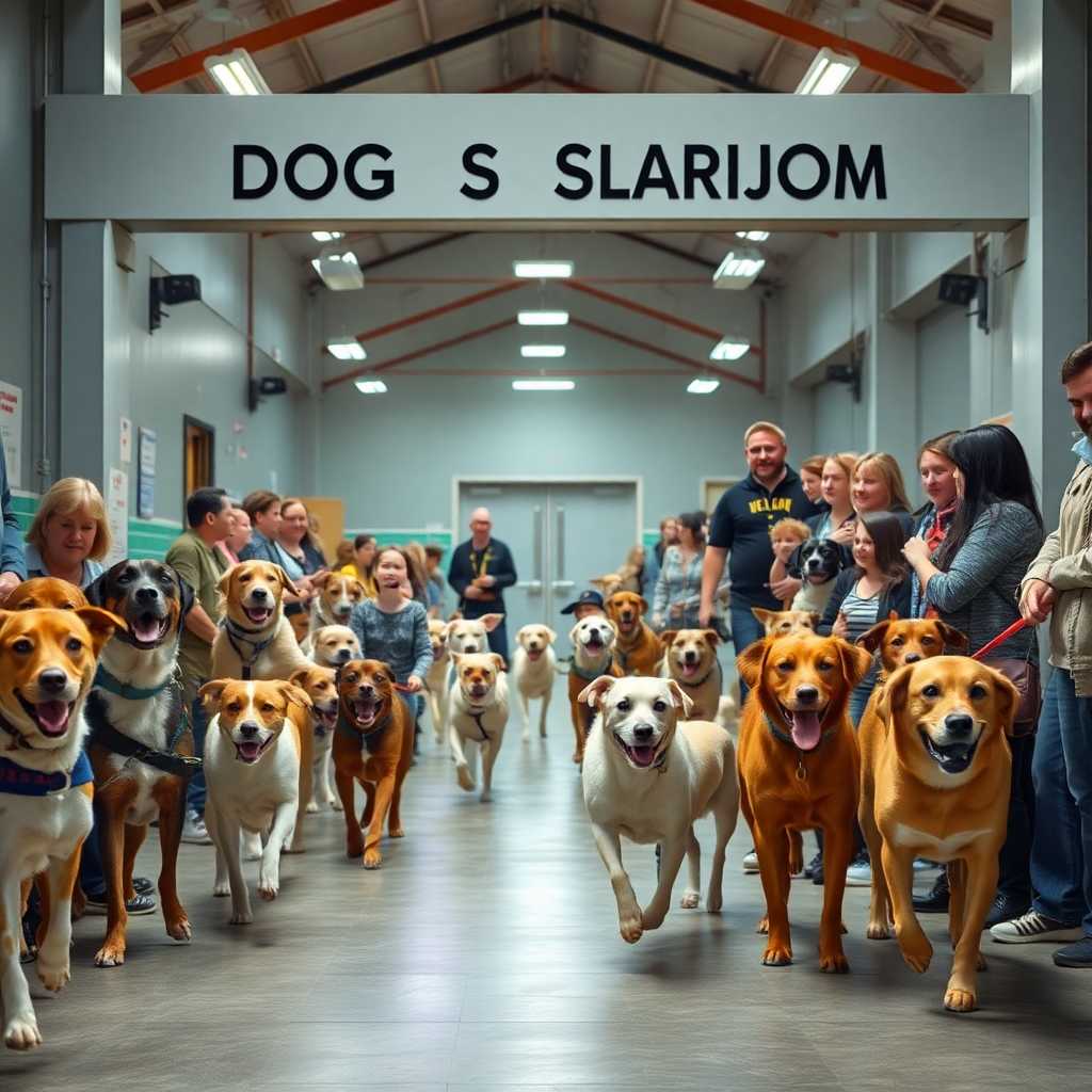 Bustling Dog Obedience School Entrance Filled with Enthusiastic Dogs and Owners