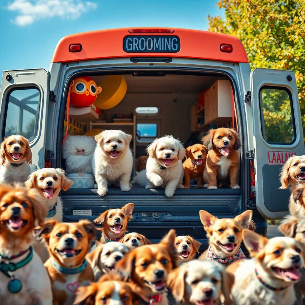 A bustling mobile grooming van surrounded by excited pets.