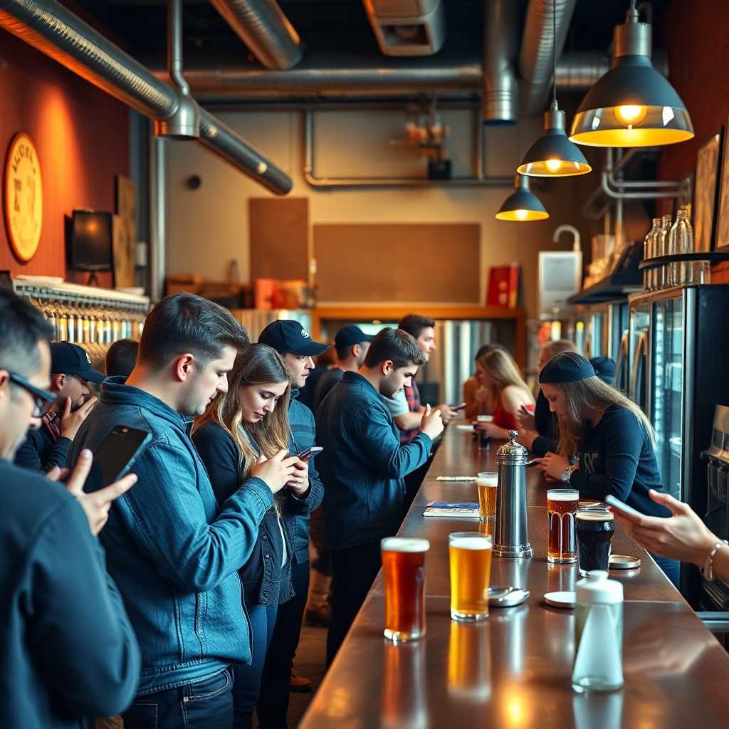 Busy craft brewery counter with patrons eagerly texting