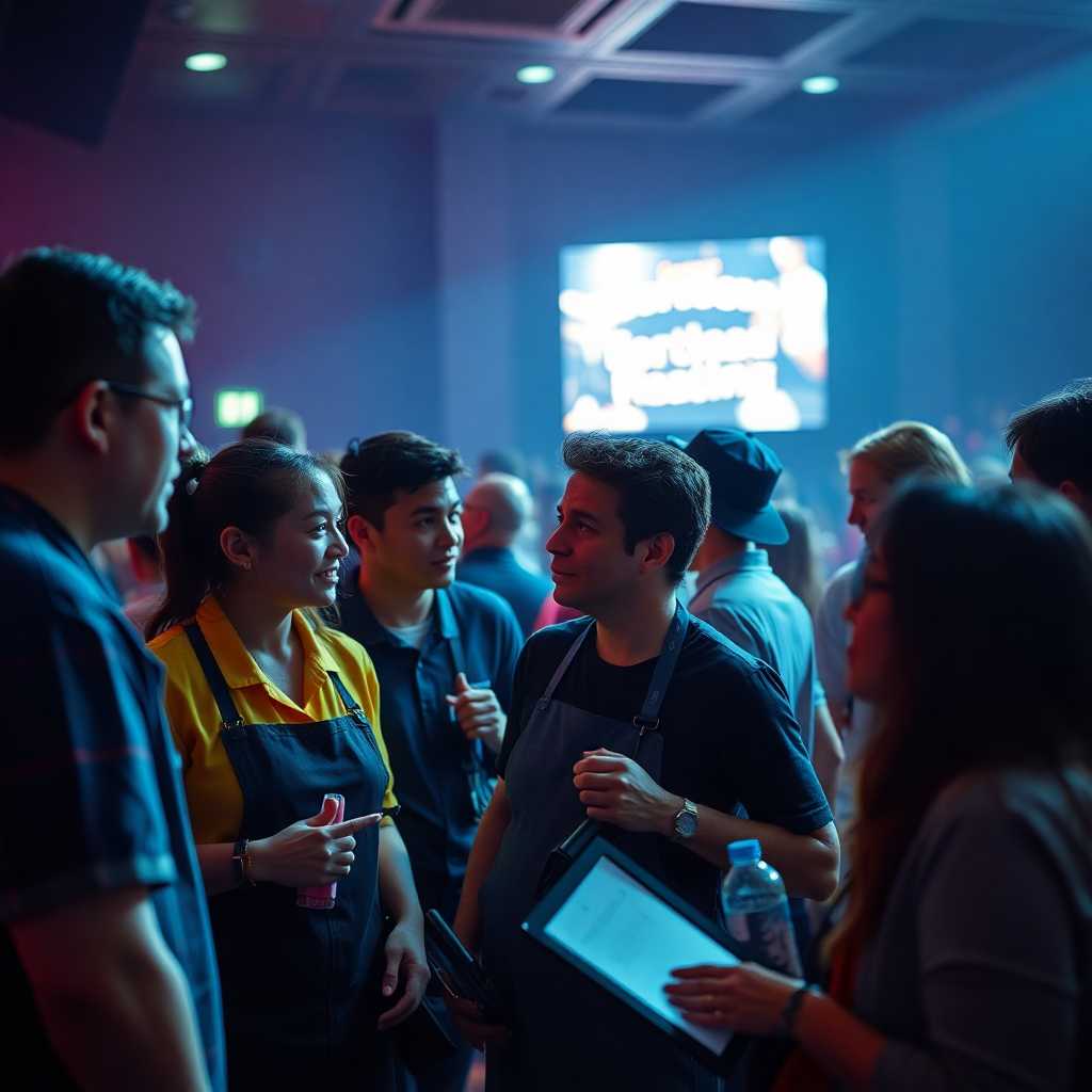Theater staff conversing with patrons