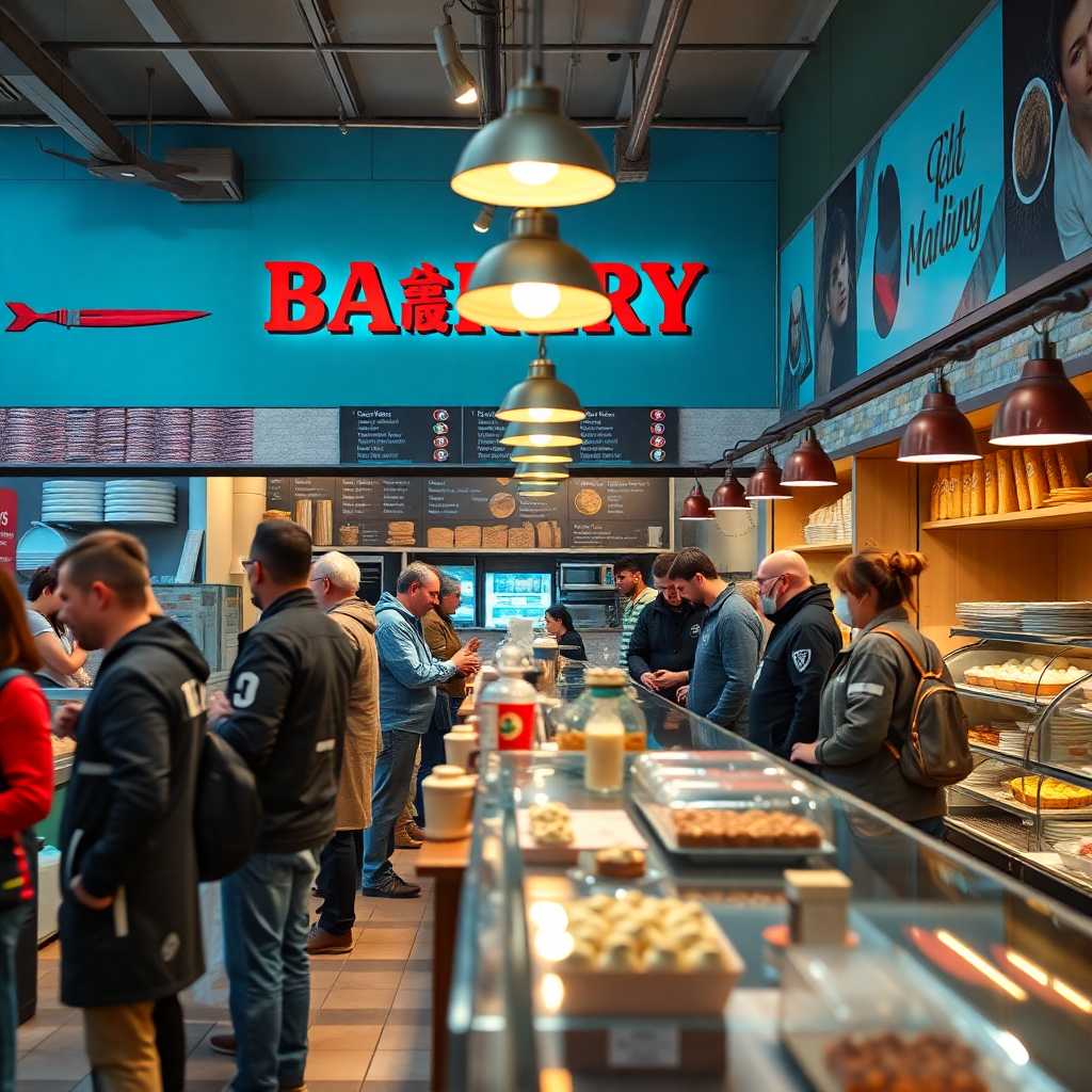A bustling bakery with patrons lining up for orders and calls flooding in