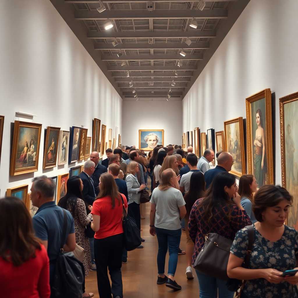Bustling art gallery with patrons examining artwork and staff busy with inquiries.