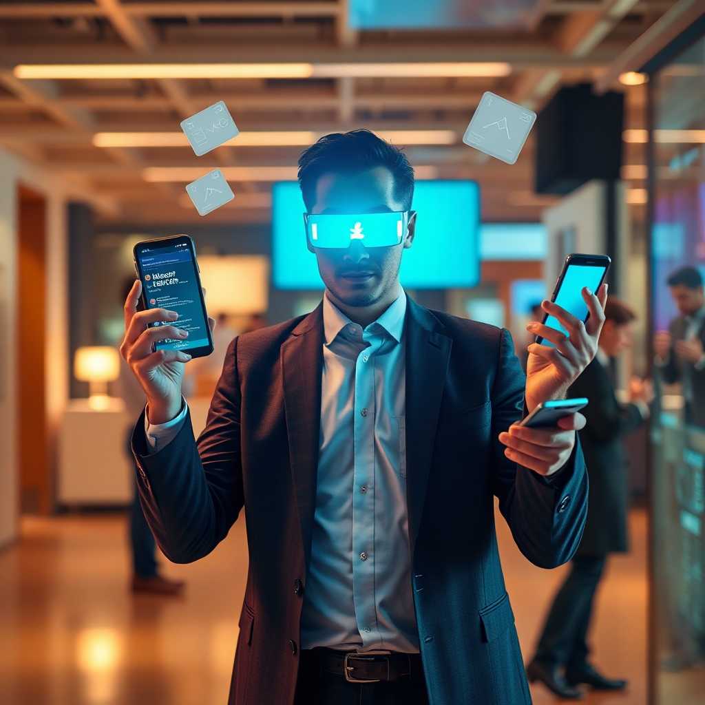 Busy consultant juggling multiple digital devices and notifications