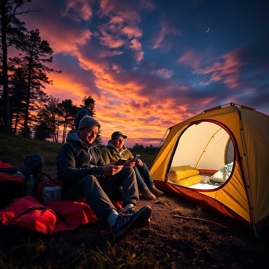 Seasonal campers resting near a tent, smartphone notifications visible.