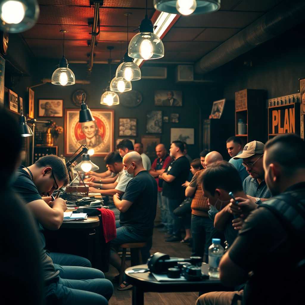 A busy tattoo studio with artists at work and clients eagerly waiting.