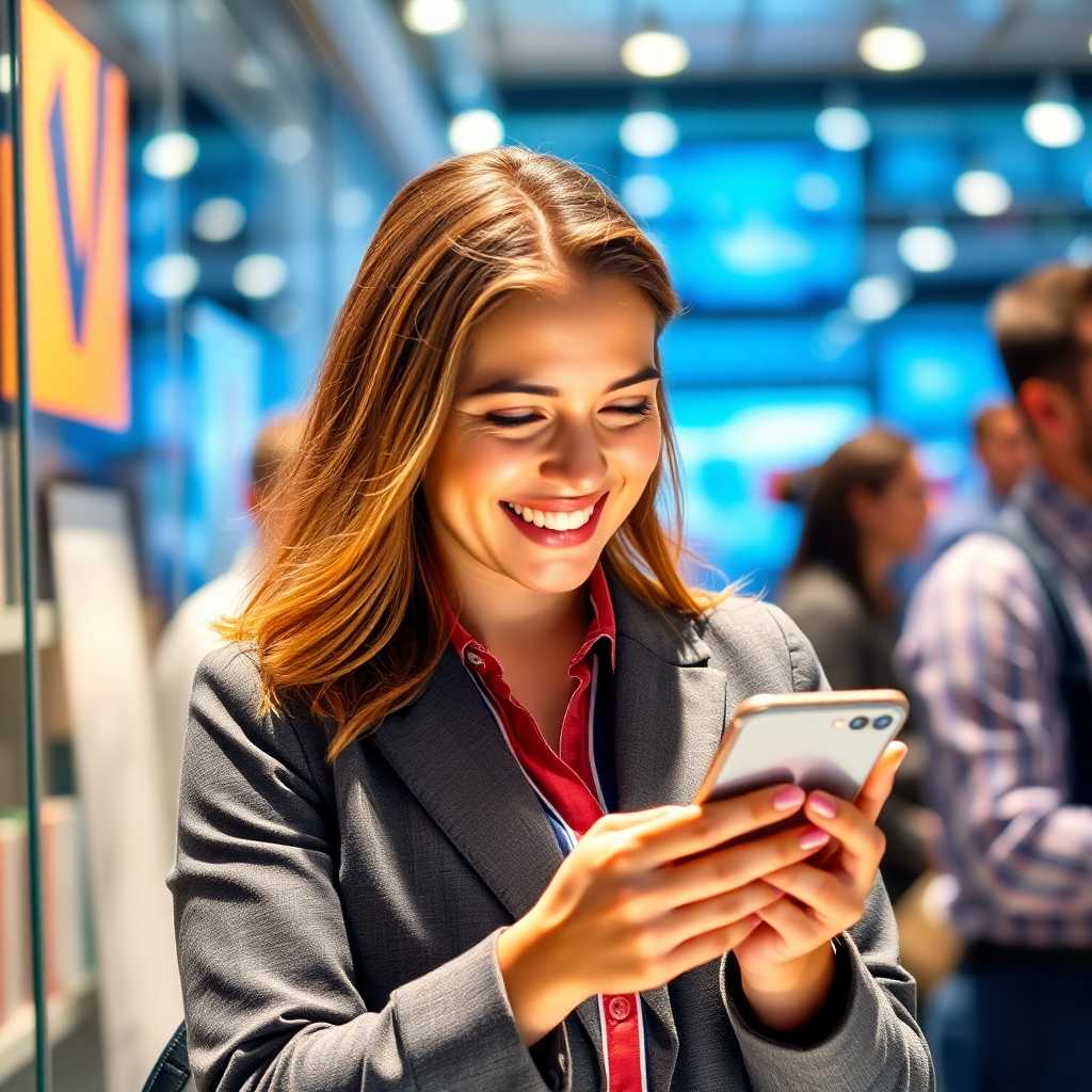 A smiling business owner receiving text message insights