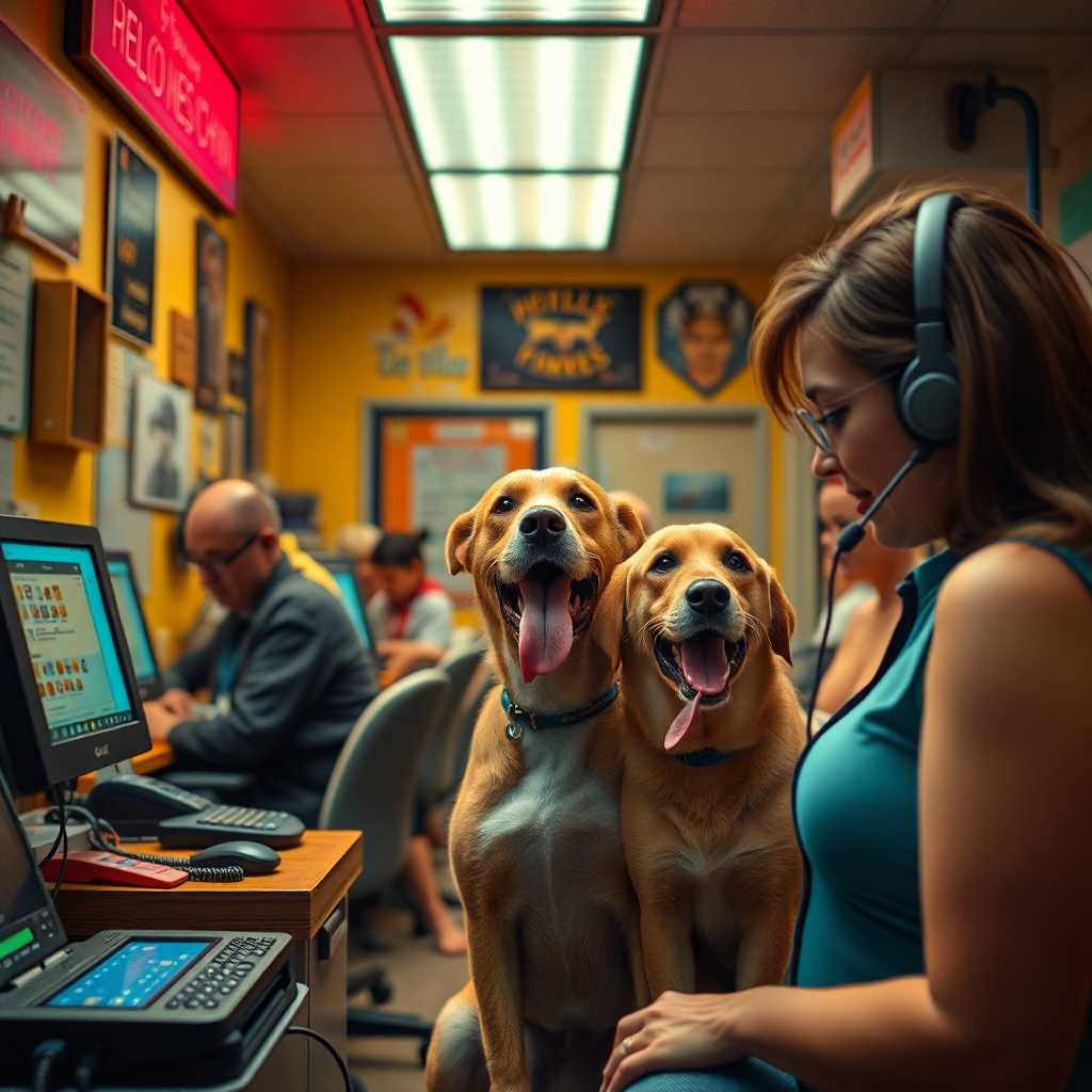 Photorealistic depiction of a busy dog obedience school receiving multiple calls and messages.