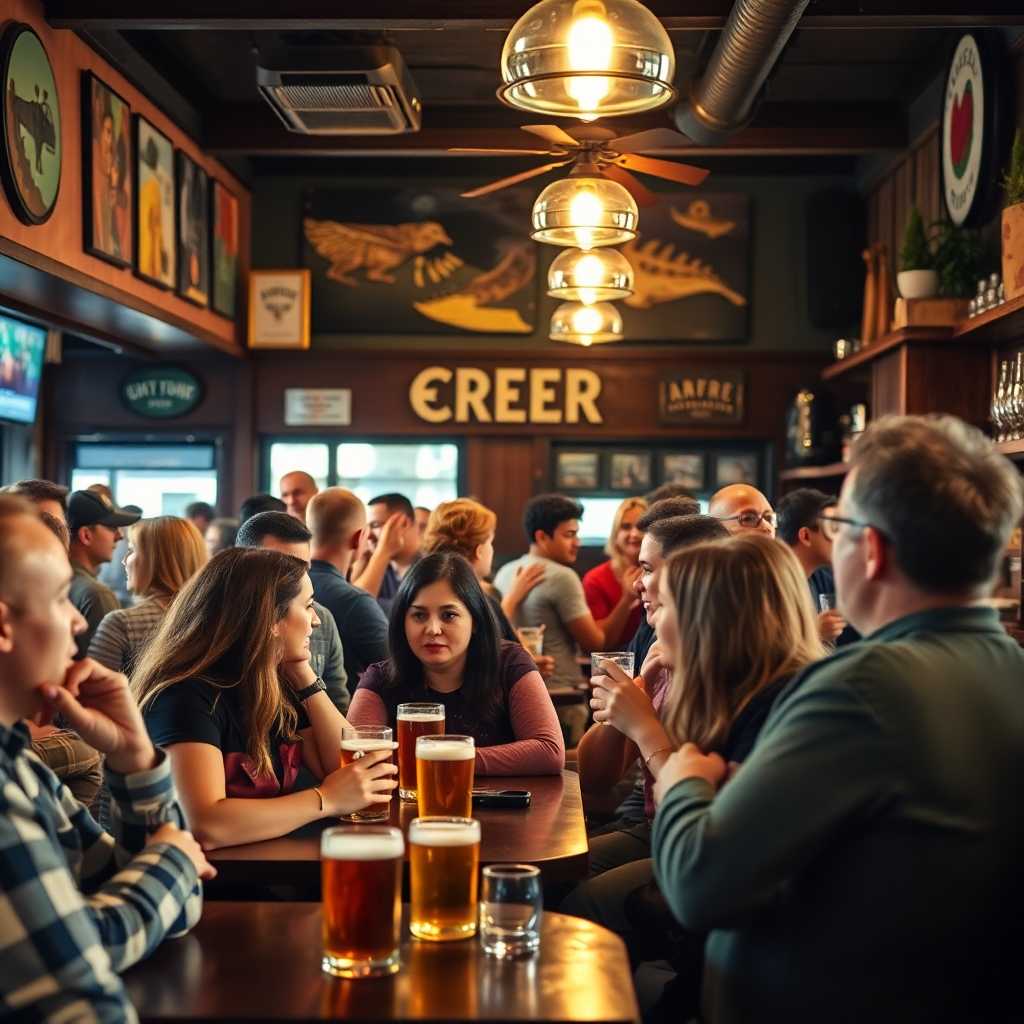 Busy Brewpub with diverse customers enjoying drinks and talking