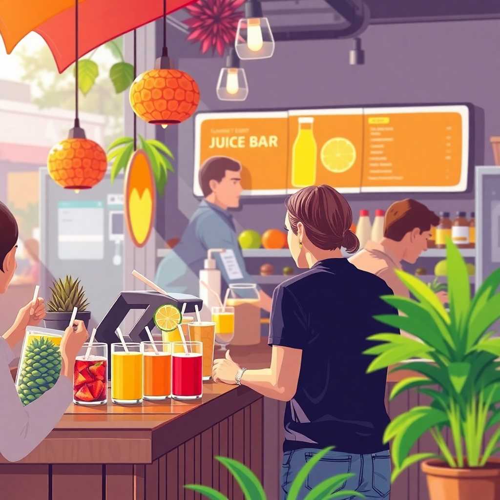 An illustration of a juice bar owner delightfully managing customer interactions via TextSupport