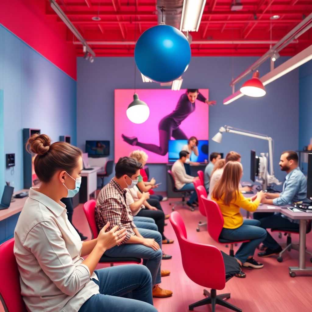 A vibrant studio with multiple clients being attended to.
