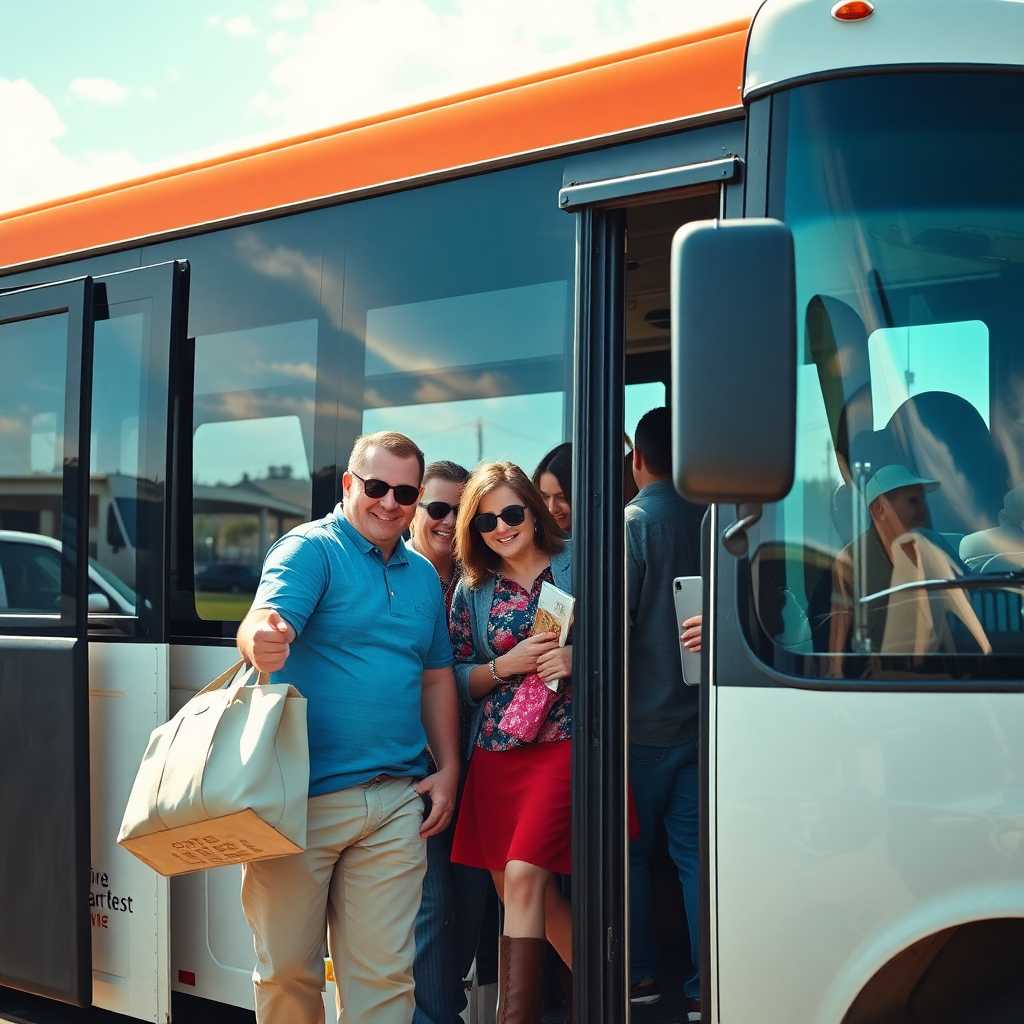 Happy customers boarding a charter bus