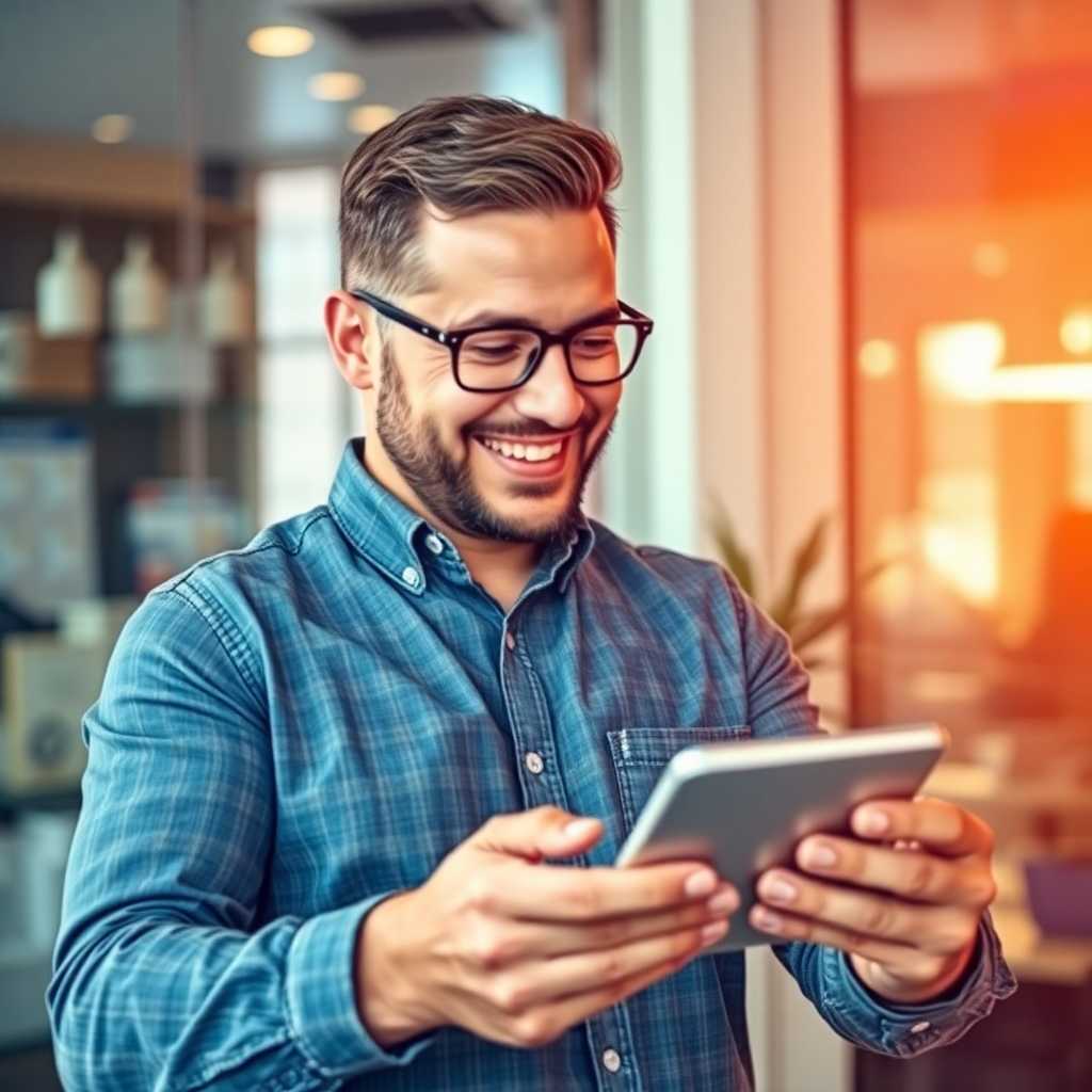 A satisfied business owner reviewing TextSupport Sales PRO features on their phone
