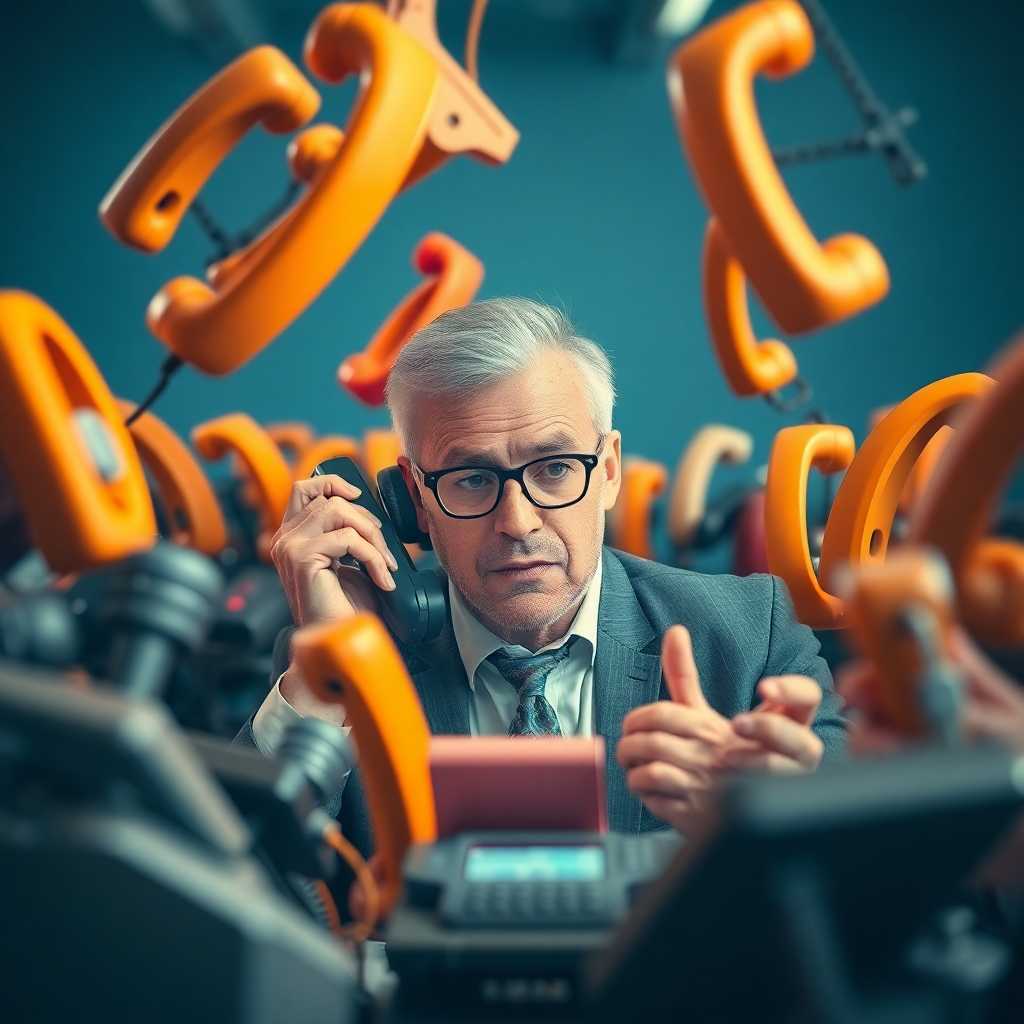 A consultant surrounded by ringing phones, looking befuddled.