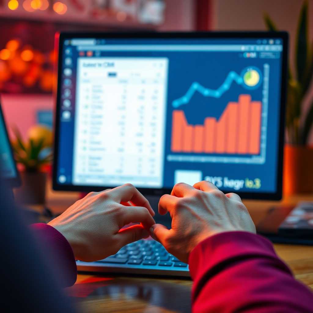 Hands typing on a keyboard with a CRM interface on screen