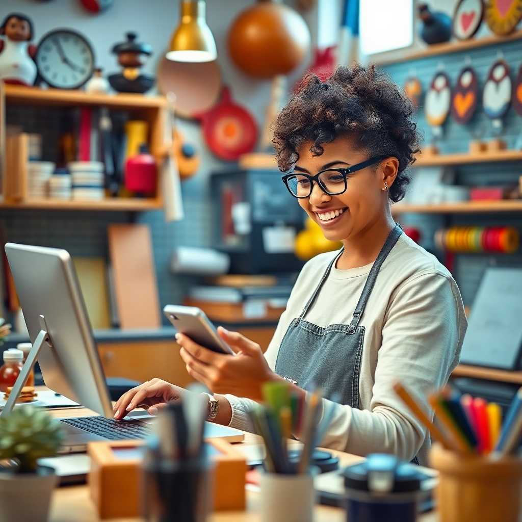 Happy shop owner checks messages while working on new designs.