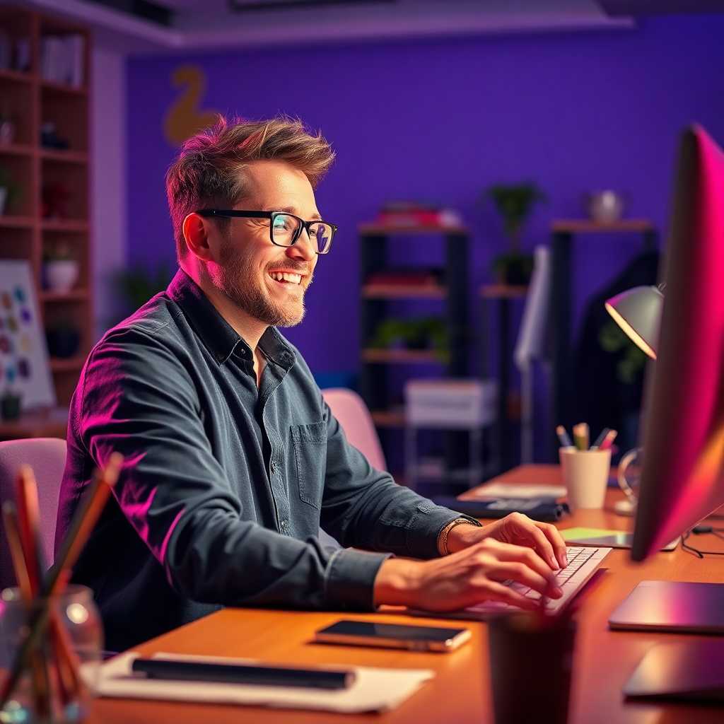 Happy designer working efficiently without interruption.