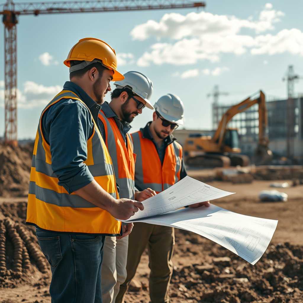 Team of excavation professionals analyzing project blueprints at a construction site