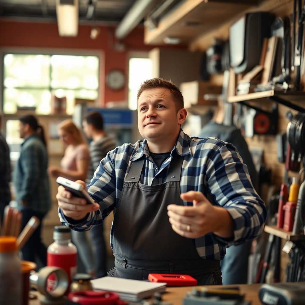 Busy handyman overwhelmed by customer inquiries.