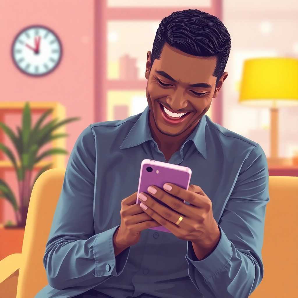 Illustration of a happy client reading a text confirmation of their appointment, feeling assured by the personal yet professional interaction.