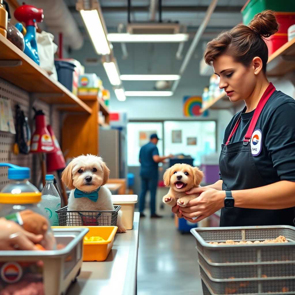 A busy pet daycare business owner handling several tasks simultaneously.