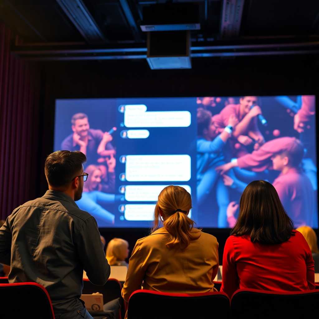 Happy theater company staff reviewing messages on a large screen