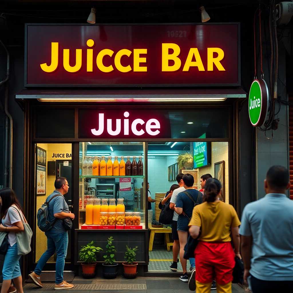 A bustling Juice Bar storefront illustrating peak hour activity.