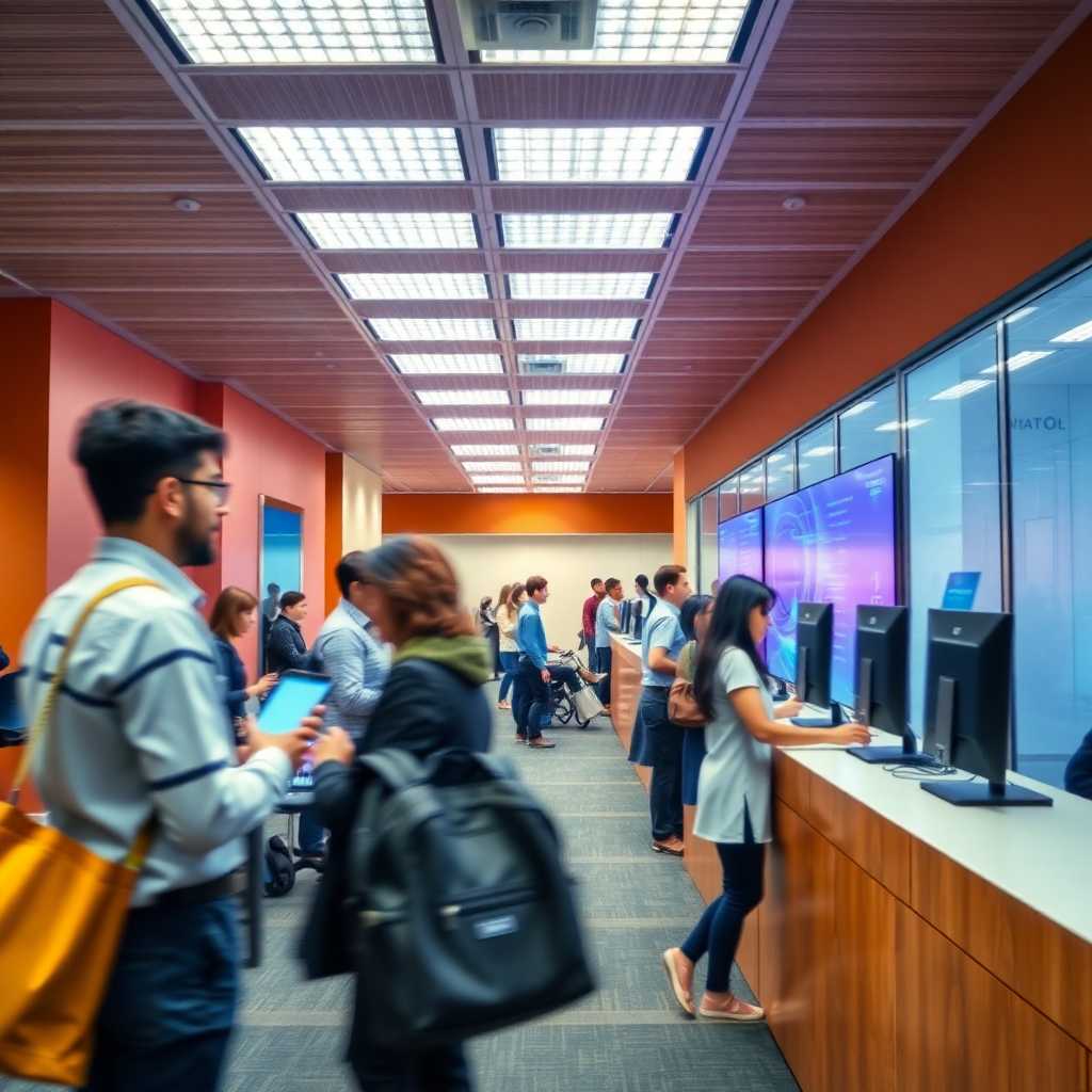 Bustling reception staff at an IT center.