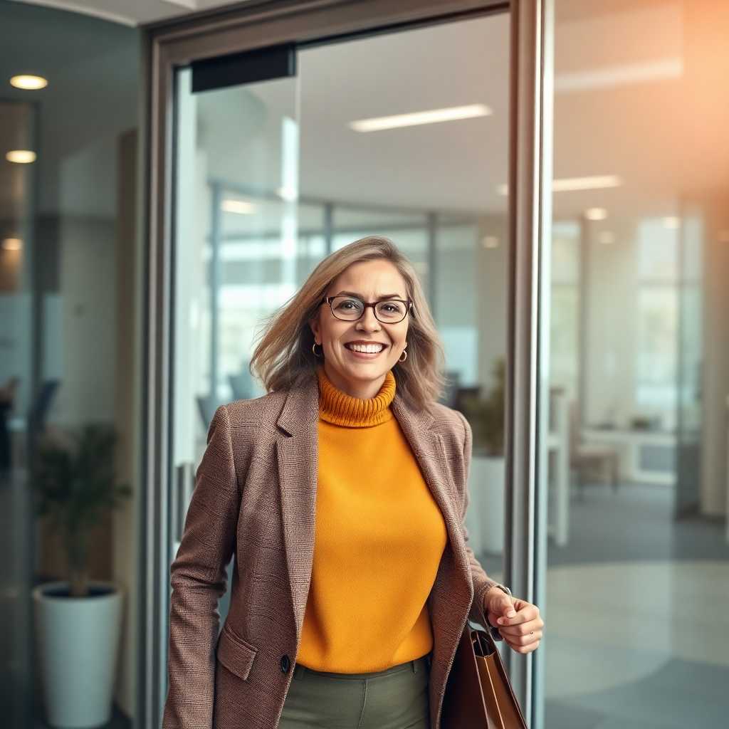 Happy client leaving the consulting office, emphasizing successful service.