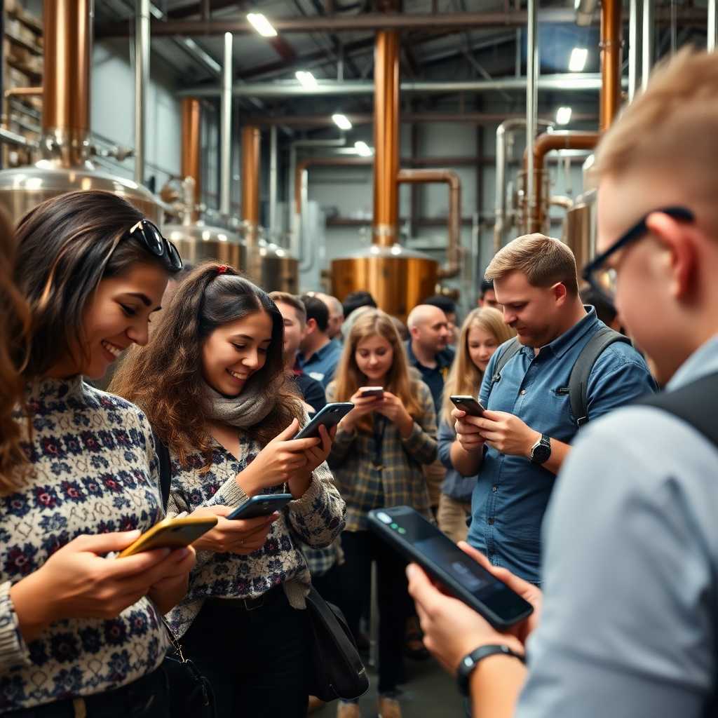 A bustling distillery tour with visitors eagerly texting their questions