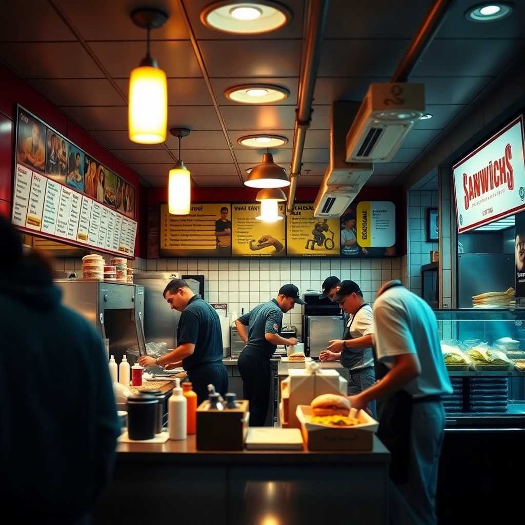 A busy sandwich shop counter with staff handling multiple tasks simultaneously.