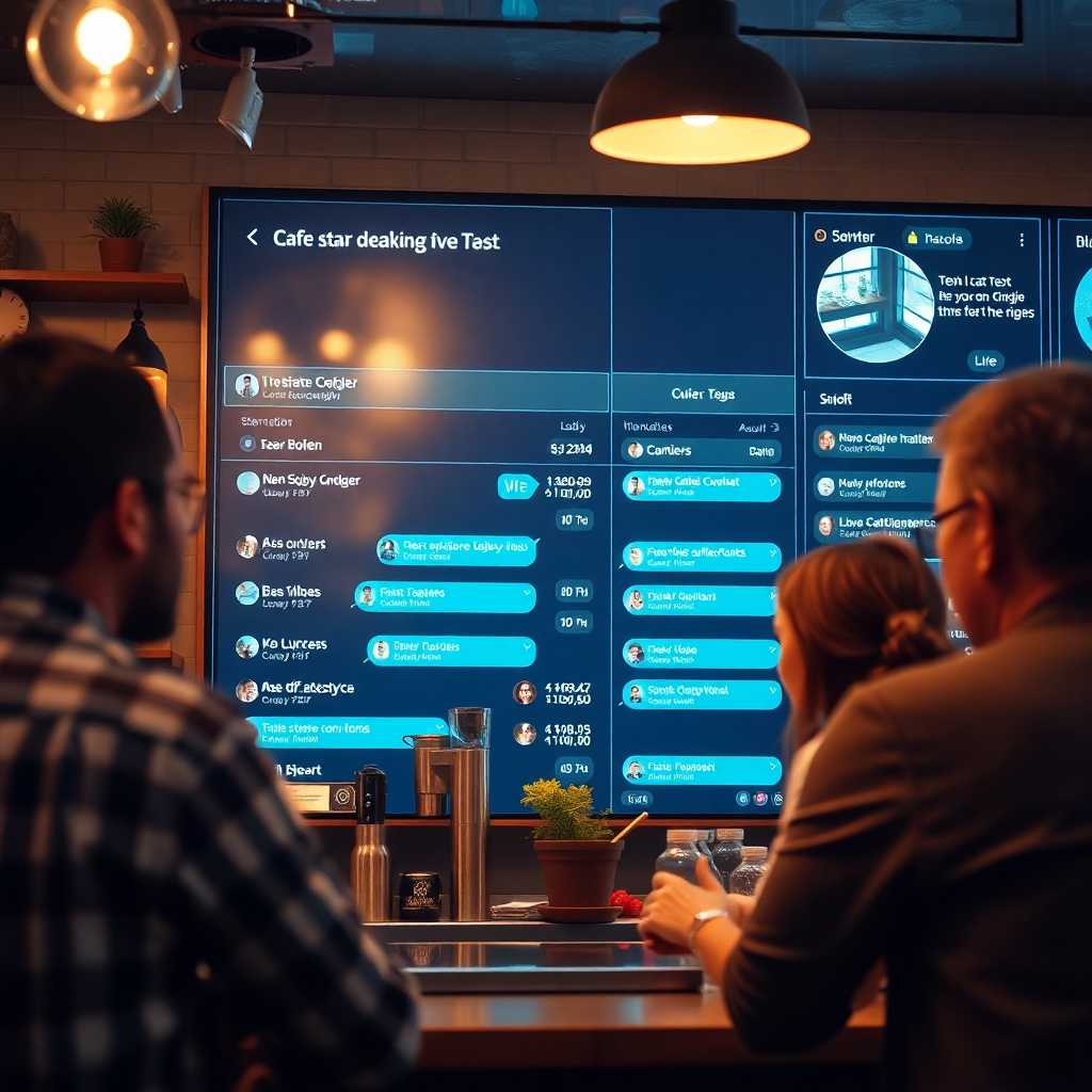 A digital dashboard showing live text conversations between a café owner and patrons.