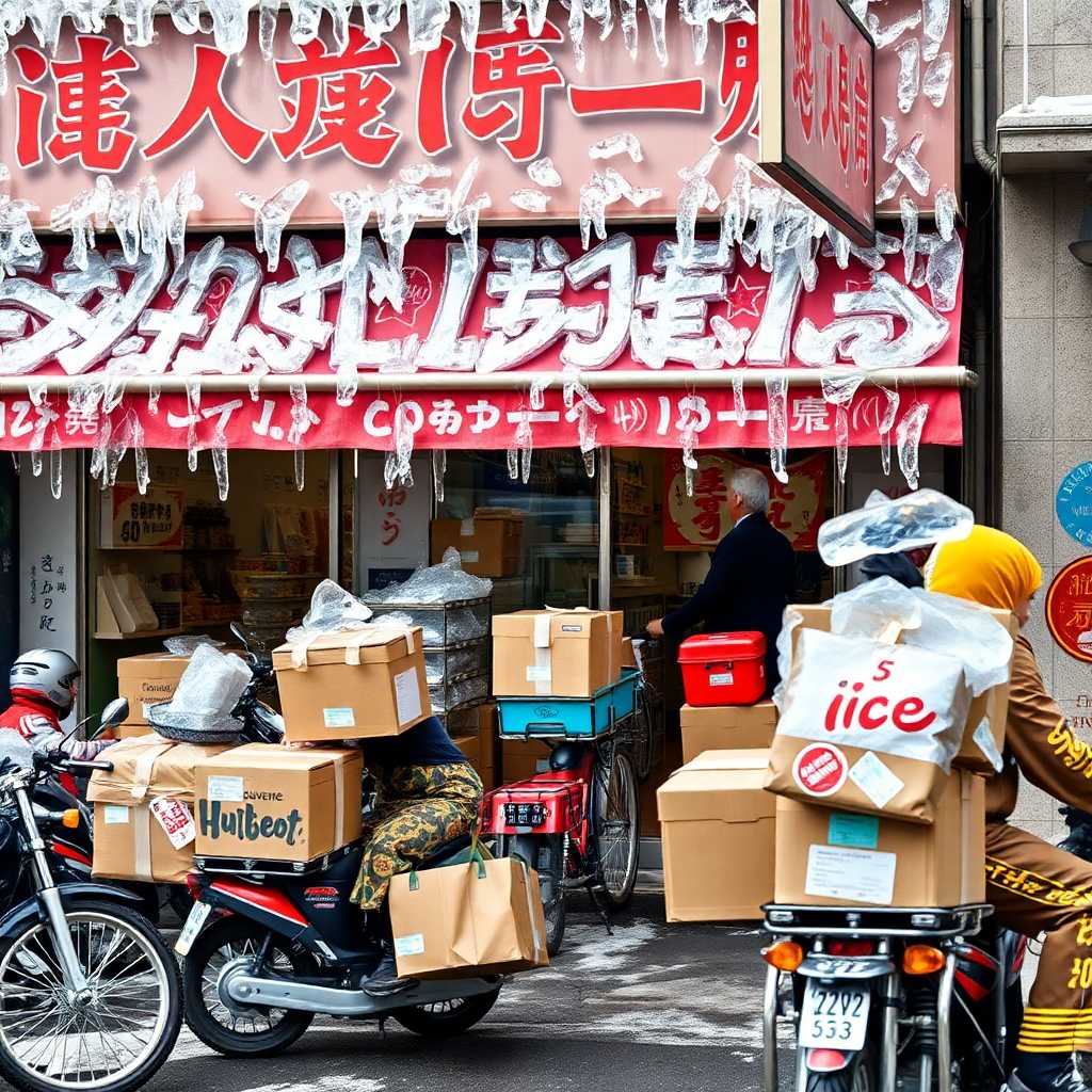Ice Delivery Overload – A storefront bustling with deliveries