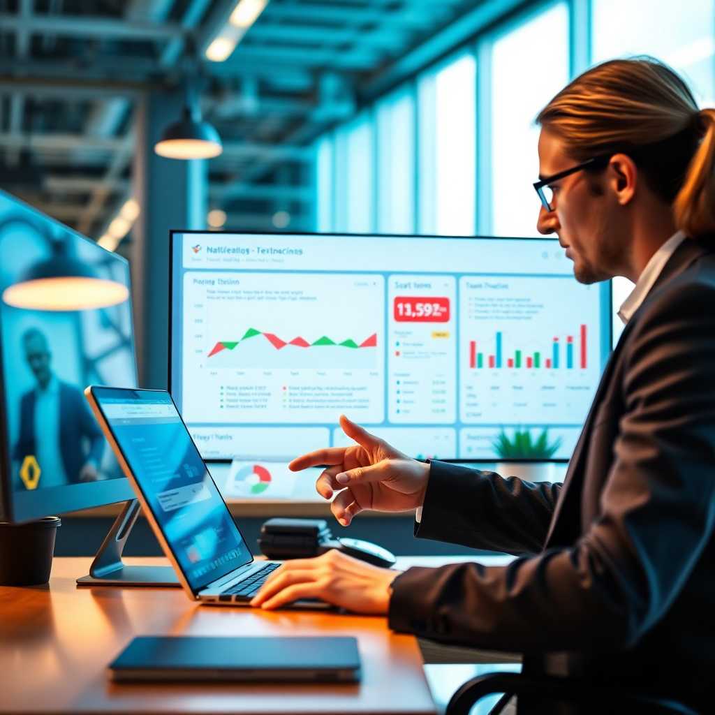 A business owner reviewing text interactions on a sleek, modern dashboard