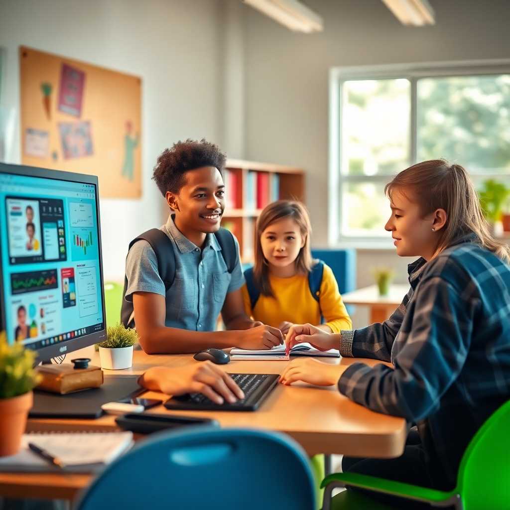 A team managing school interactions from a desktop portal with a serene environment.