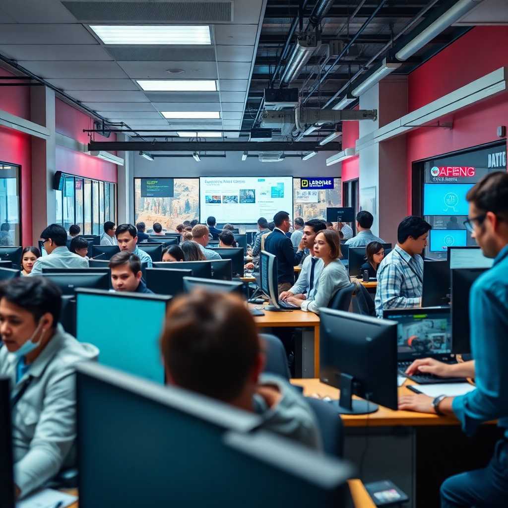 A busy agency office bustling with activity and communication devices in use.