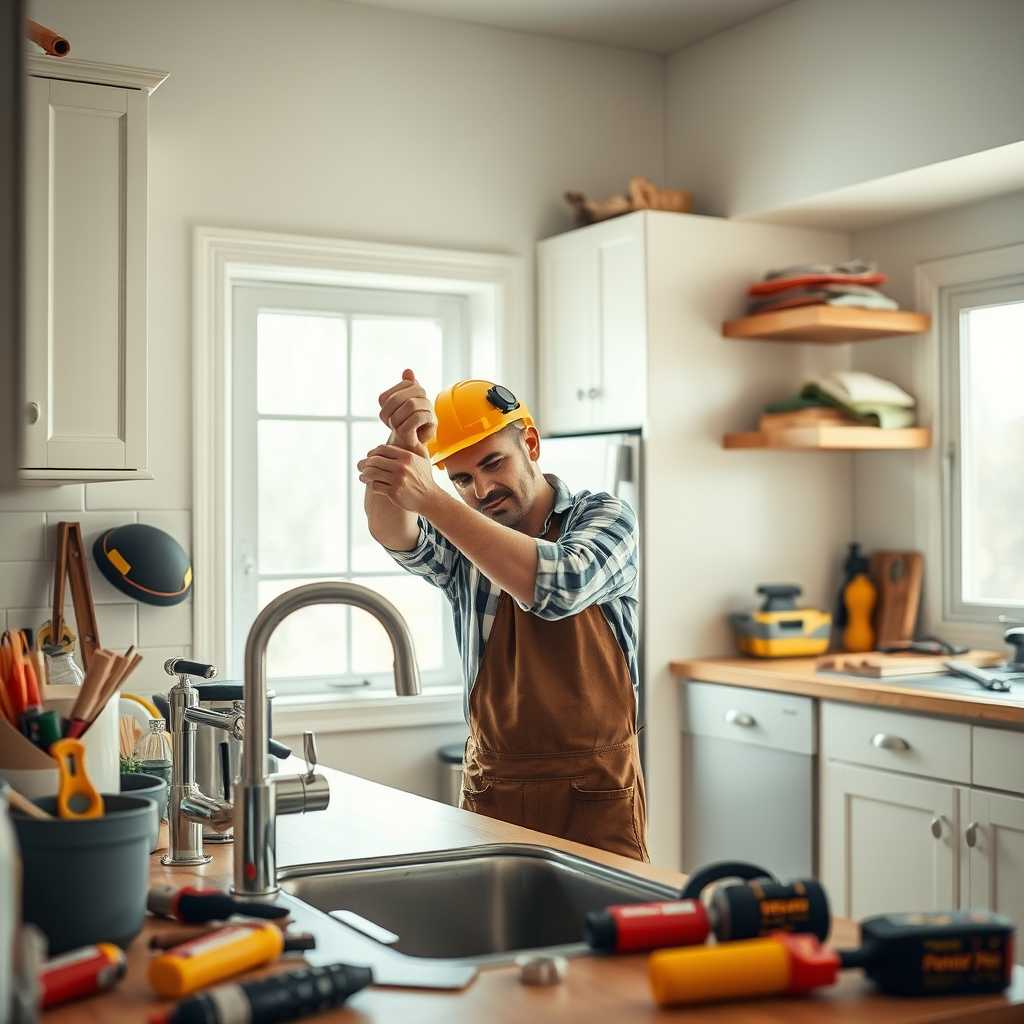 Handyman fixing a leaky faucet in a brightly-lit kitchen, tools scattered around