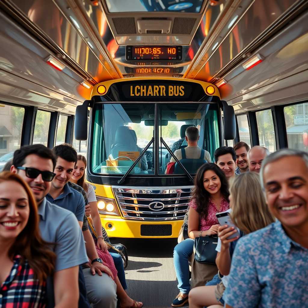 Charter bus surrounded by satisfied customers.