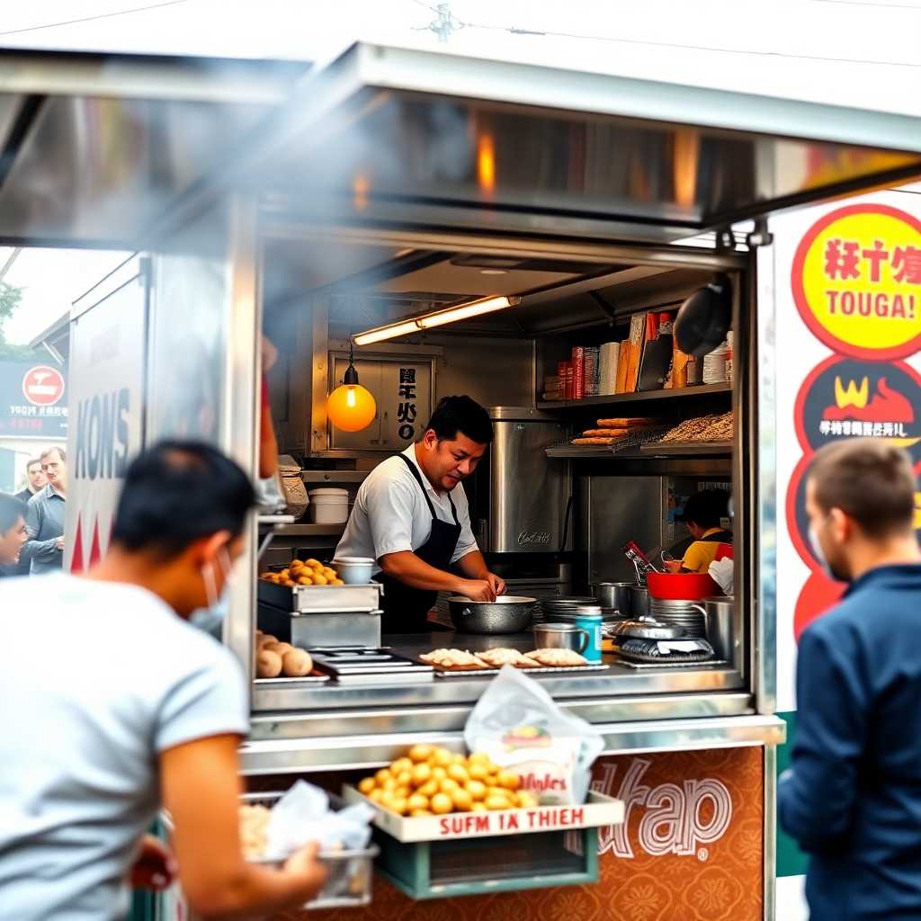 A bustling food truck with a chef efficiently multitasking