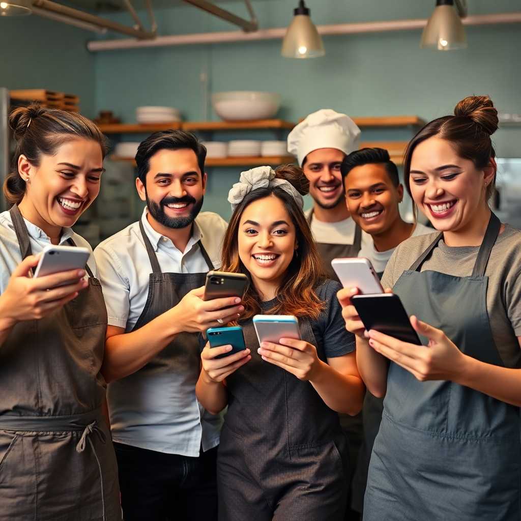 A jubilant bakery team using mobile devices