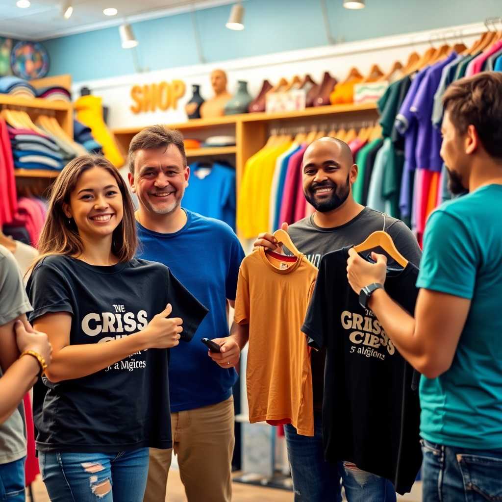 Satisfied Customers Receiving T-Shirts from a Thriving Shop
