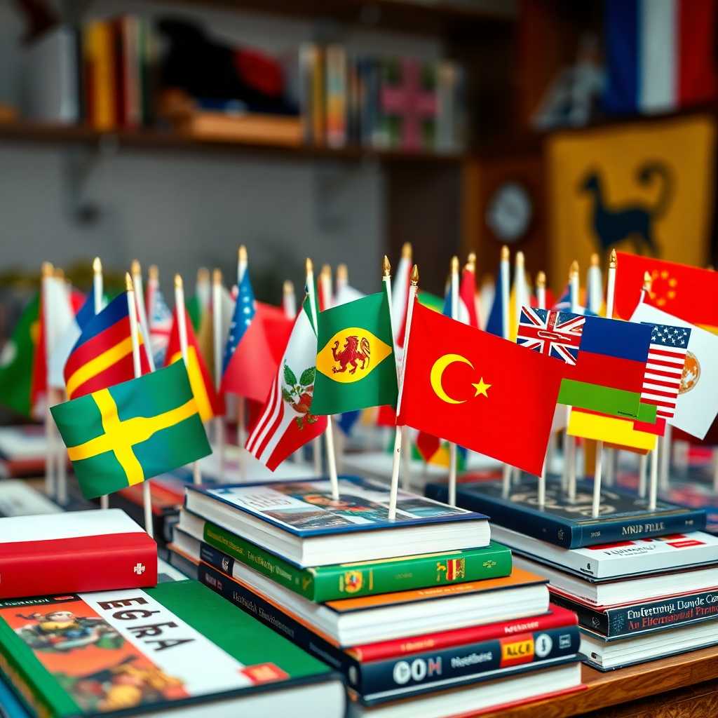 A mix of international flags on a table of language textbooks