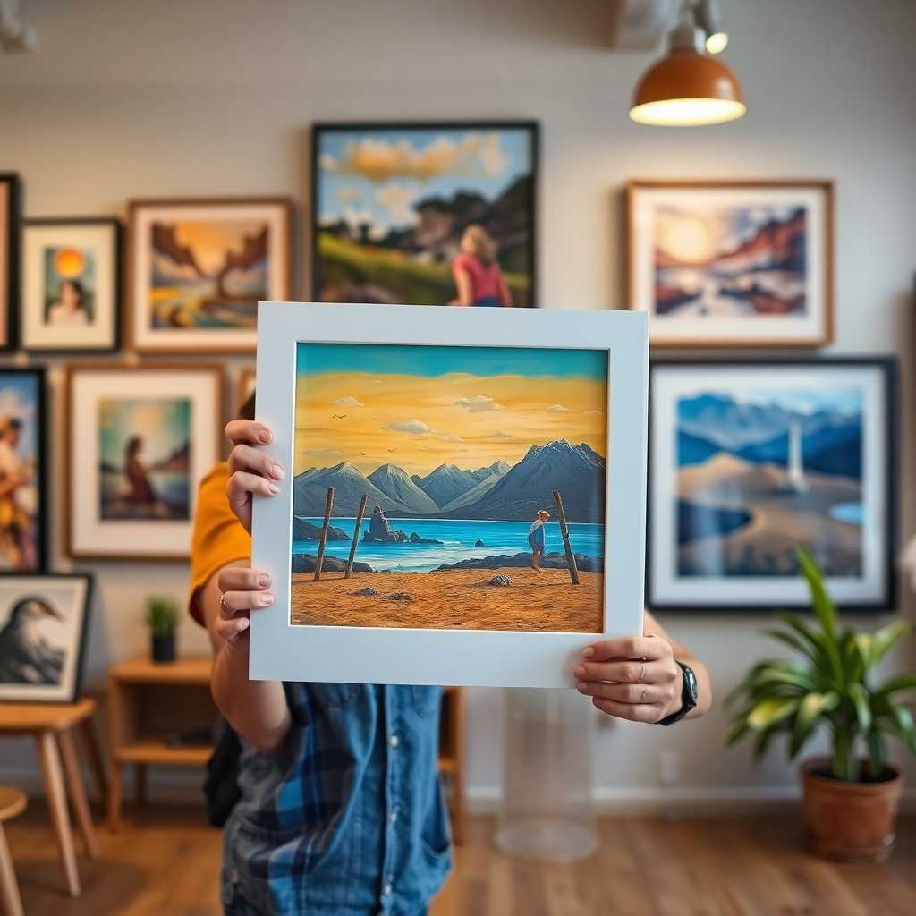 A satisfied customer showing their framed artwork