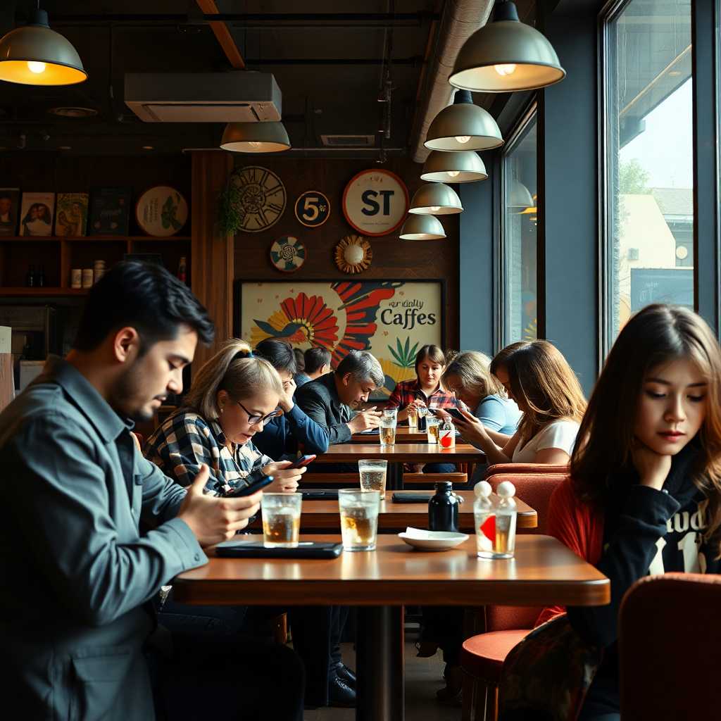 A hectic café with customers texting and waiting for responses