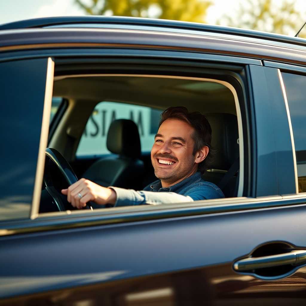 Satisfied customer driving off with a clean car and a smile