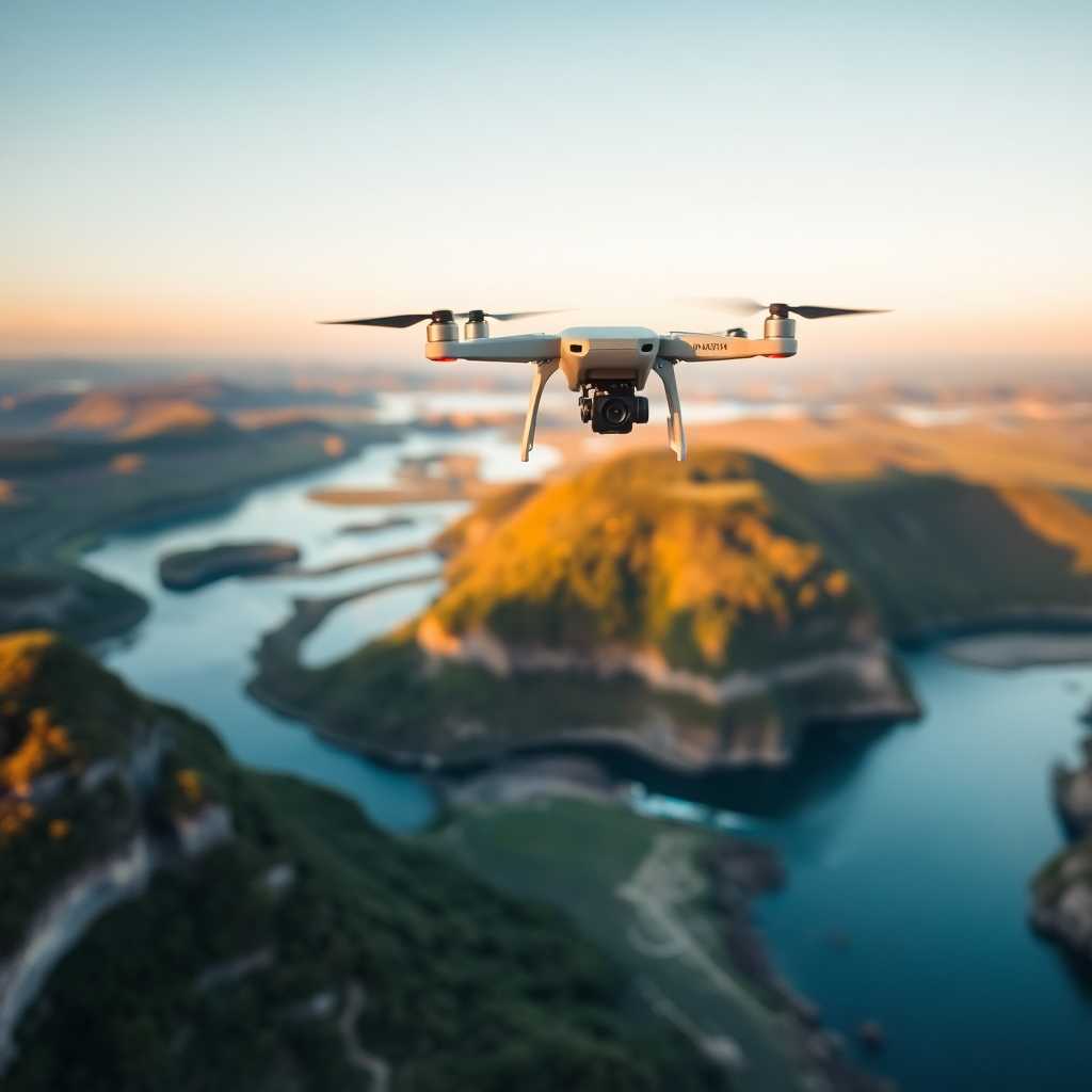 A flying drone capturing a scenic landscape